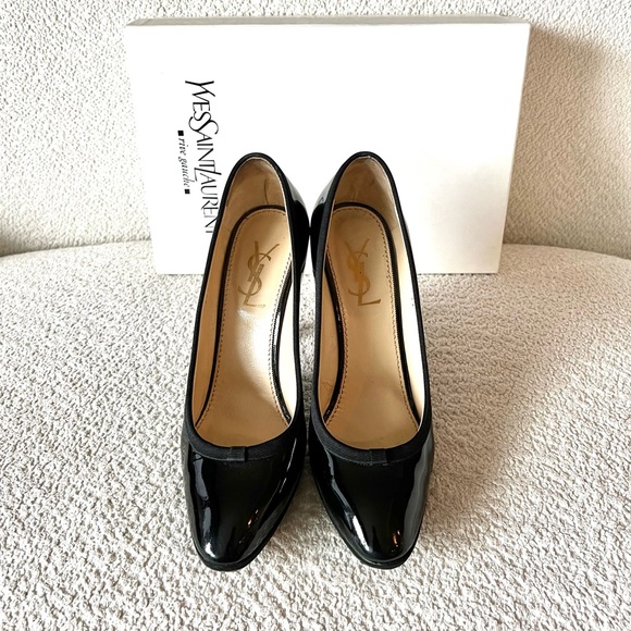 Yves Saint Laurent Black Patent Leather Pumps w/ Leopard Print Heels - Picture 3 of 5